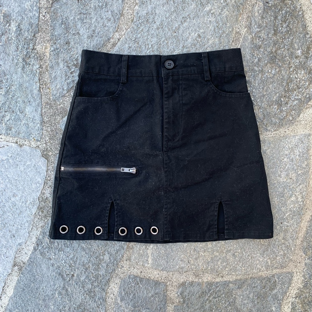 Vintage Black Carmar Highwaisted Eyelet Silver Hardware Mini Skirt